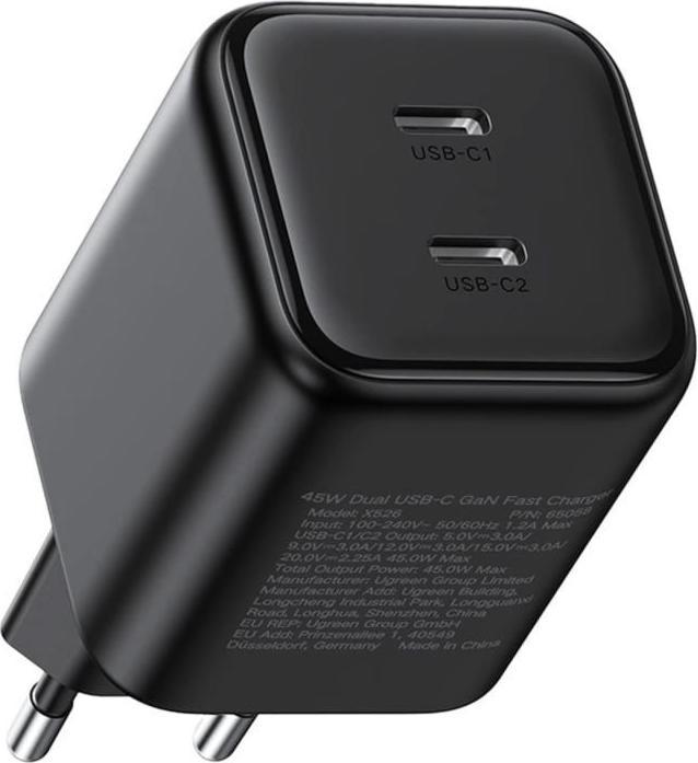 Productafbeelding Ugreen - Wall Charger X526 (65058) - 2x USB-C, GaN, Fast Charger, 45W - Black (45 W, 2 ports)
