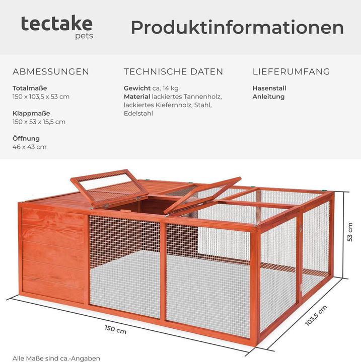 Actual product image tectake Rabbit hutch Murphy, foldable, with roof opening, 150x103x53cm