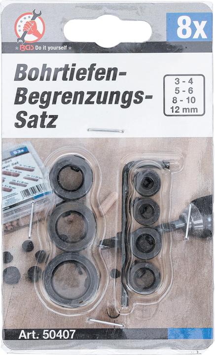 Produktbild BGS Bohrtiefen-Begrenzungs-Satz 8-tlg. (10 mm, 12 mm, 3 mm, 4 mm, 5 mm, 6 mm, 8 mm)