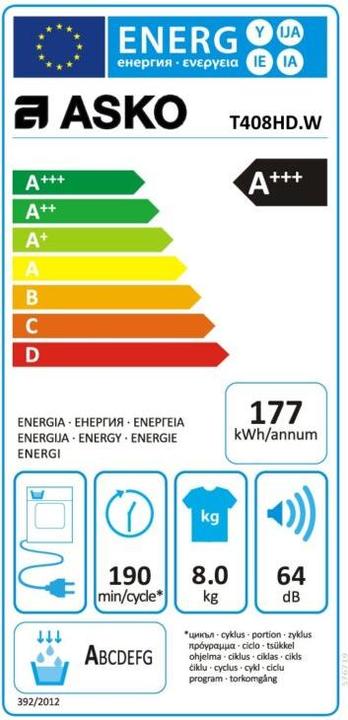 Energie-Label Asko T408HD.W (8 kg, Rechts, Wechselbar)