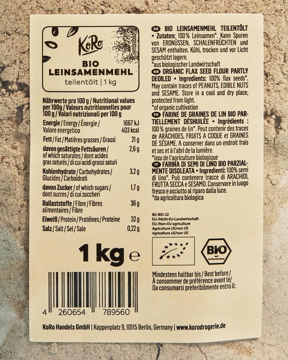 Nutritional values and ingredients KoRo Partly oiled organic linseed flour (1000 g)