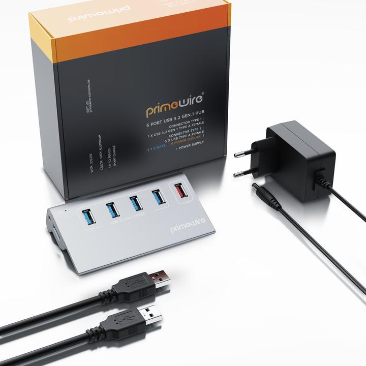 Produktbild Primewire 5 Port USB 3.2 Gen.1 Hub Aktiv mit Netzteil & USB Kabel, USB 3.0 Datenhub 5 Gbit/s, USB smart charge (5 Ports)