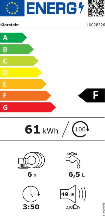 Label énergétique Klarstein Amazonia 6 Noir Lave-vaisselle de tableF