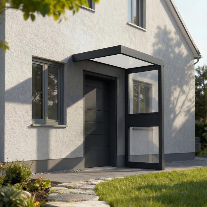Actual product image Palram CANOPIA | Sophia 3X5 / 1X1.6 Door Awning + SIDEWALL Dark Grey Structure / White Opal Panels