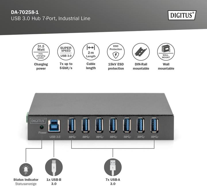 Produktbild Digitus USB 3.0 HUB, 7 Port, Industrial, Metal inkl. PSU 15-kV-ESD, Tisch-, Wand-, DIN-Schienenmontage (USB-C, 7 Ports)