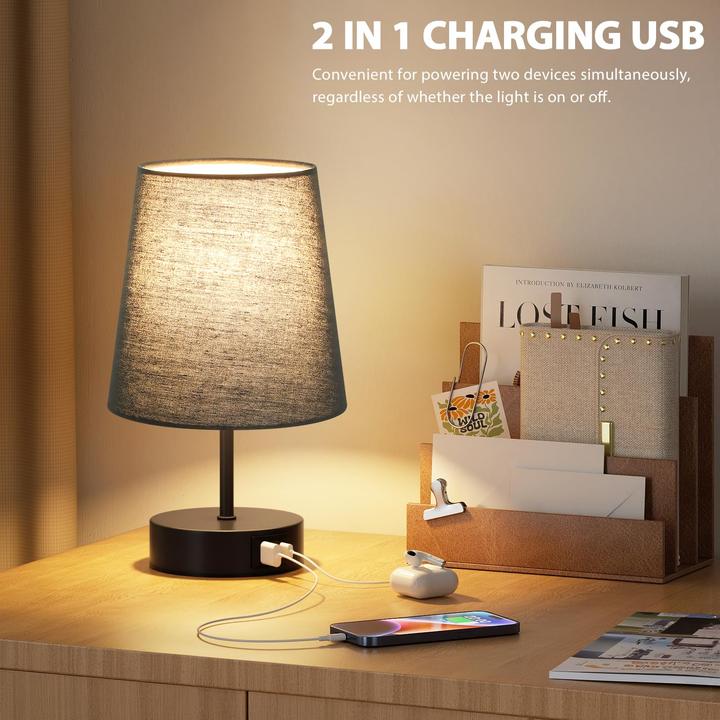 Produktbild Alopini Bedside Lamp Touch Dimmable, USB A+C Charging Function, Table Lamp with Lampshade (E27)