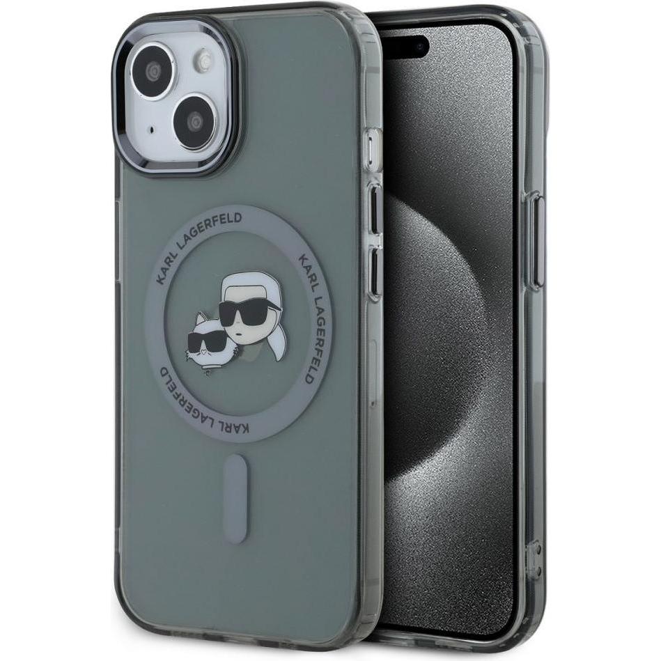 Karl Lagerfeld IML K&CH Heads Metal Frame MagSafe Case for iPhone 15 Black (Apple iPhone 15), Smartphone Hülle, Schwarz
