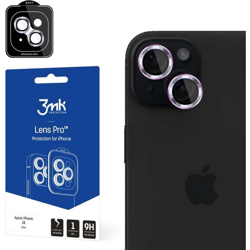3MK Lens Protection Pro iPhone 15 6.1" różowy/pink Ochrona na obiektyw aparatu z ramką montażową 1sz (1 Stück, Apple iPh...