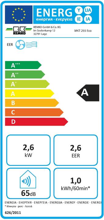 Etichetta energetica Remko MKT 255 Eco condizionatore d'aria mobile per ambienti 2,6 kW EEK A R290 tubo flessibile 1200mm (80 m², 8871.57 BTU/h)