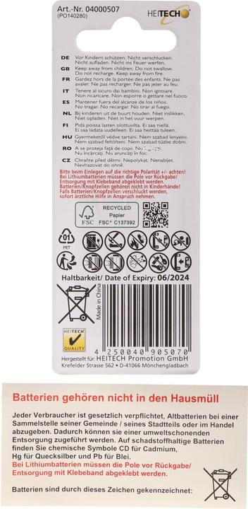 Produktbild Heitech CR2032 Lithium Batterie im praktischen 2er-Set, Lithium Knopfzelle CR2032, 3V (2 Stk., CR2032, 210 mAh)