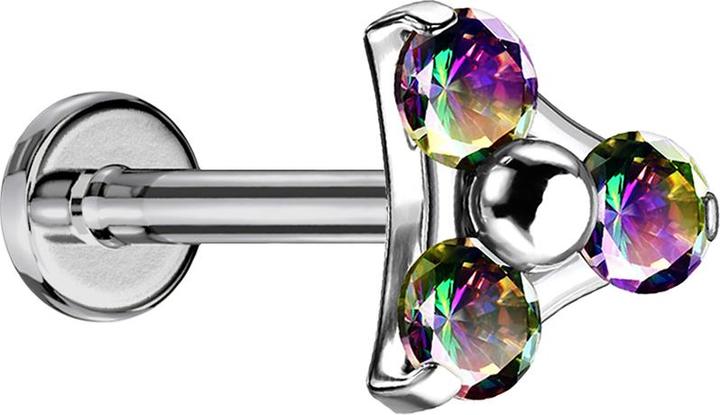 Actual product image Star Piercing Micro Labret inner thread silver triangle three crystals dark multicolour (Titanium, without brass)