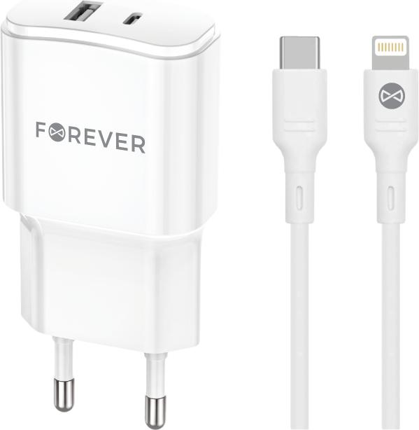 Produktbild Forever TC-01-20AC PD QC Ladegerät 1x USB-C 1x USB 20W weiss + USB-C - Lightning Kabel 20W (20 W)