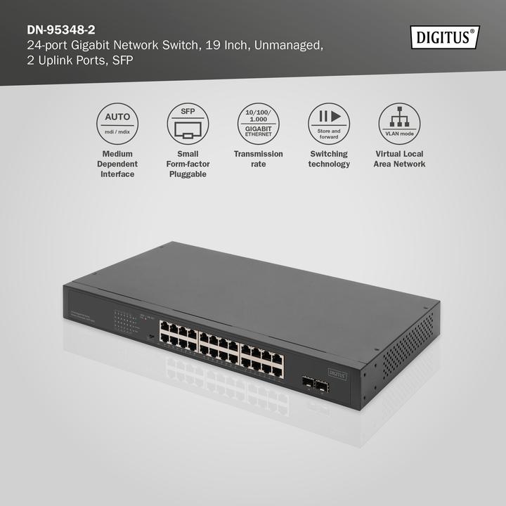 Productafbeelding Digitus 24-poorts Gigabit netwerkswitch, 19-inch, onbeheerd, 2 uplink poorten, SFP (24 ports)