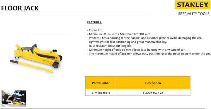 Actual product image Stanley STMT81251-1, Universal, 2000 kg, Hydraulic jack, 8.5 cm, 38.1 cm, Black, Yellow