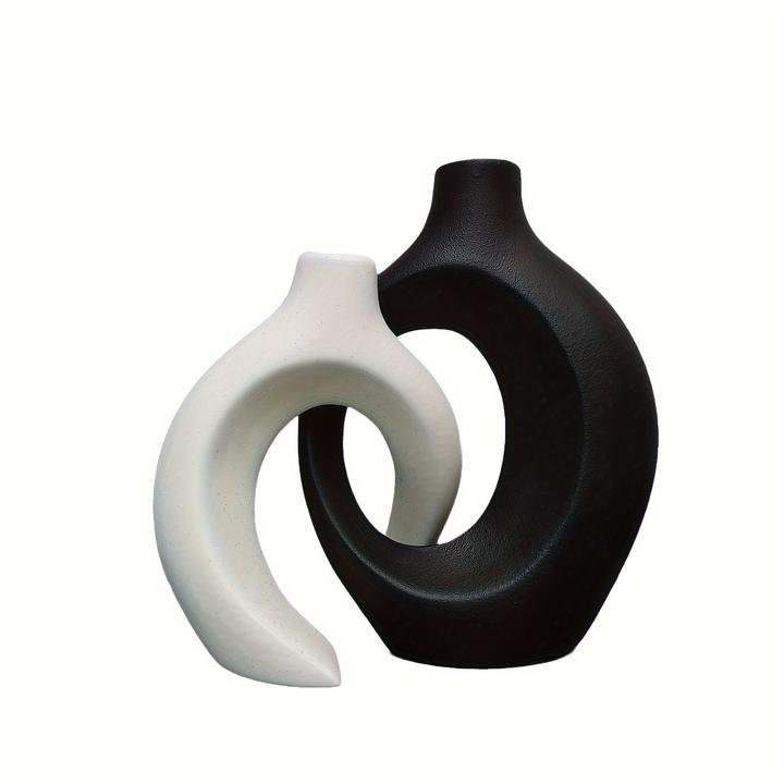 Actual product image Alopini 2er Set Moderne Keramikvasen - Abstraktes Kreuz Design, Boho Chic Donut Blumenvase für