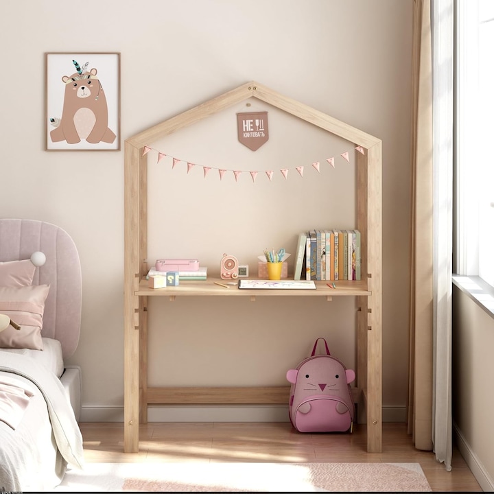 Actual product image Milkii Kinder Schreibtisch, Naturholz, 4-stufig höhenverstellbar