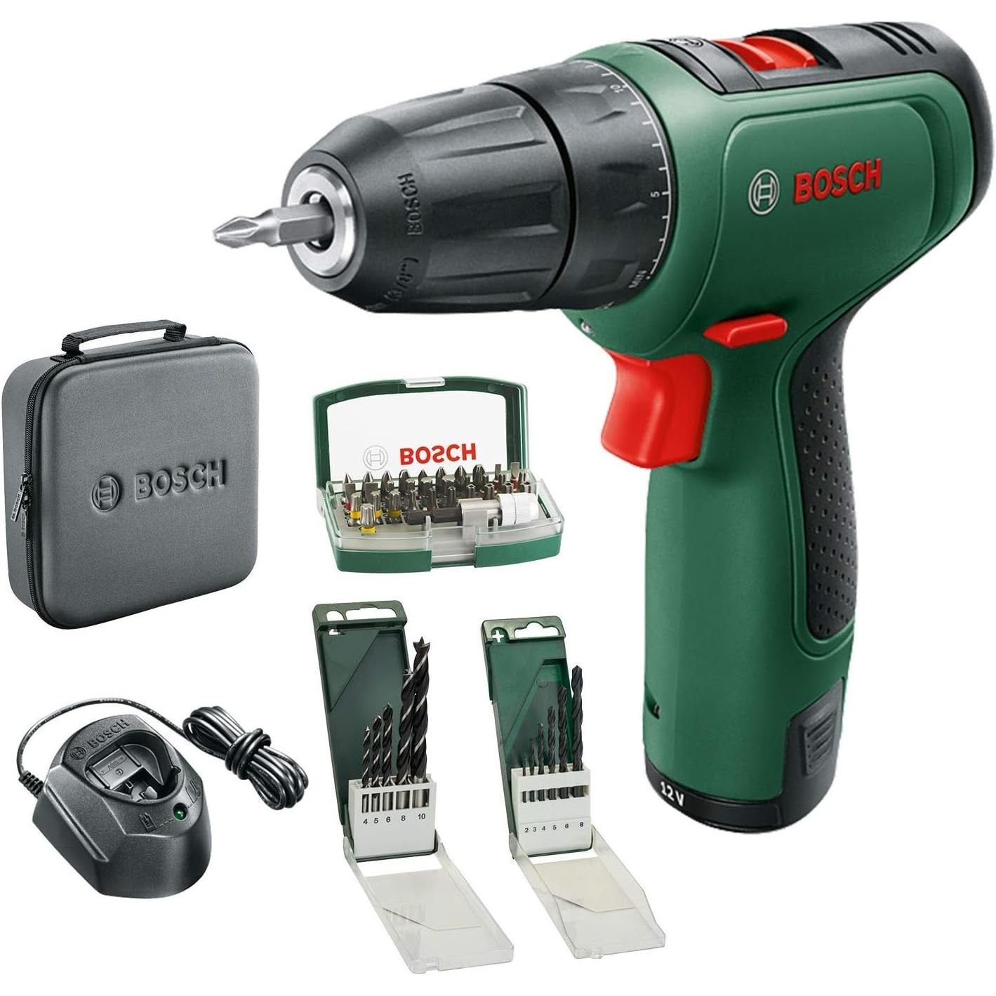 Bosch Hausgeräte, Trapano + Avvitatore a batteria, Trapano avvitatore a batteria 12V con set punte e borsa, luce LED
