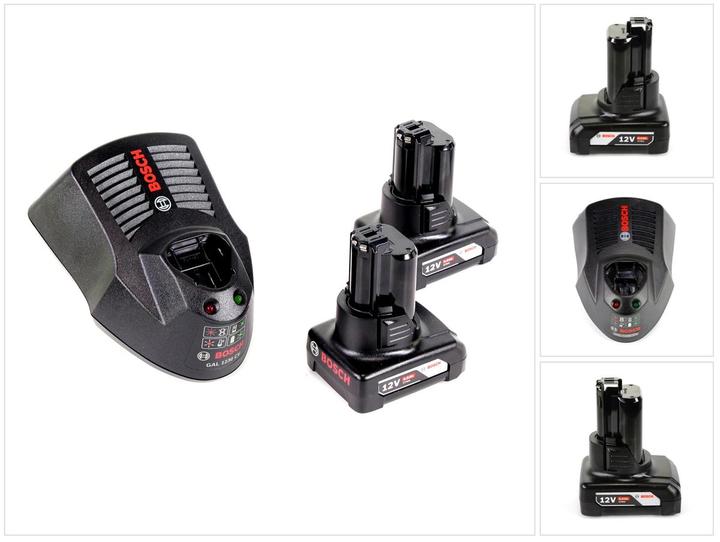 2x Bosch GBA 12 V 6,0 Ah Akkus, 1x Bosch GAL 1230 CL Schnell-Ladegerät