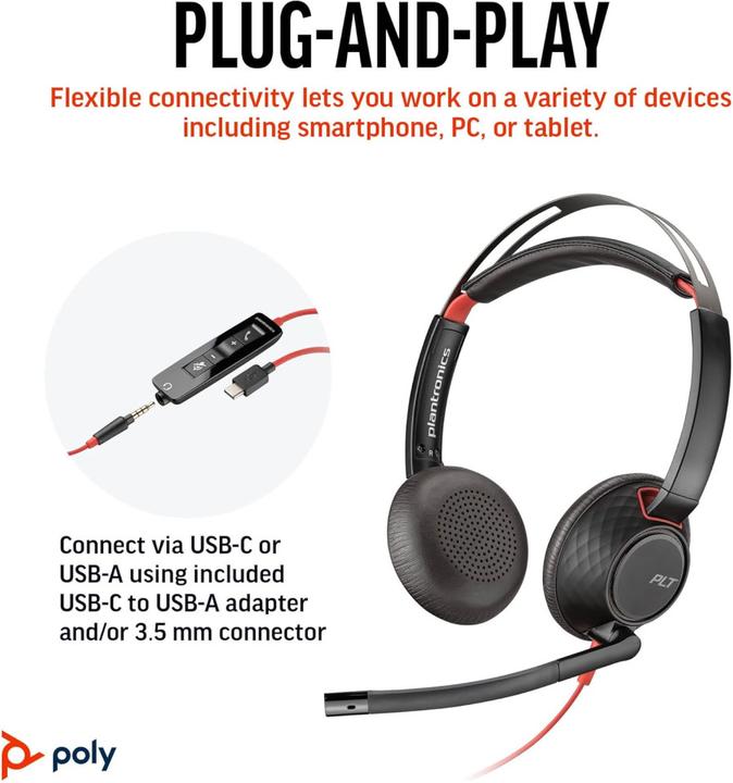 Produktbild HP Poly Blackwire 5220 + 3.5mm Plug + USB-C/A Adapter (Kabelgebunden, USB-C)