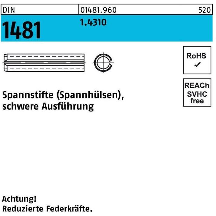 Nieten, Spannstift DIN 1481 4,5 x 40 1.4310 schwere Ausführung DIN 1481