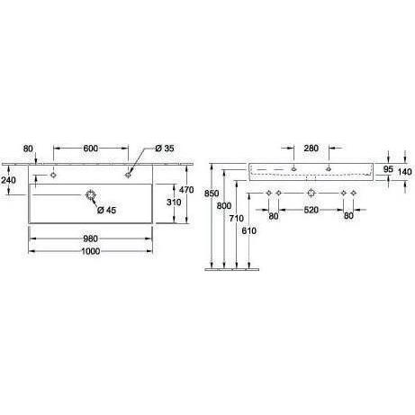 Thumbnail - Villeroy & Boch, Waschbecken, Waschtisch 2.0 MEMENTO 1000 x 470 mm, mit Überlauf für 2x 1-Loch Armaturen weiss (470 mm, ...