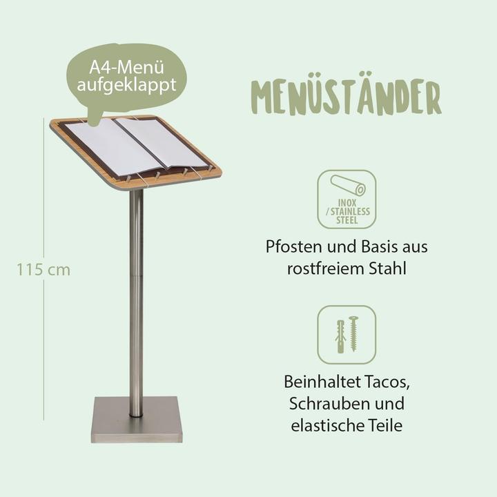 Actual product image Securit Menu stand, made of wood and stainless steel