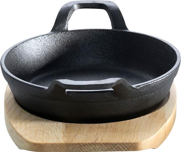 Productafbeelding All'Grill Gietijzeren pan met 2 handgrepen Ø 18 cm en houten onderzetter (18 cm, Gietijzer)