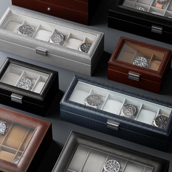 Produktbild Only-Bags.Store Uhrenbox mit 6 Fächern, Uhrenbox mit Glasdeckel, Uhrenkoffer mit Uhrenkissen, Uhrenaufbewahrung