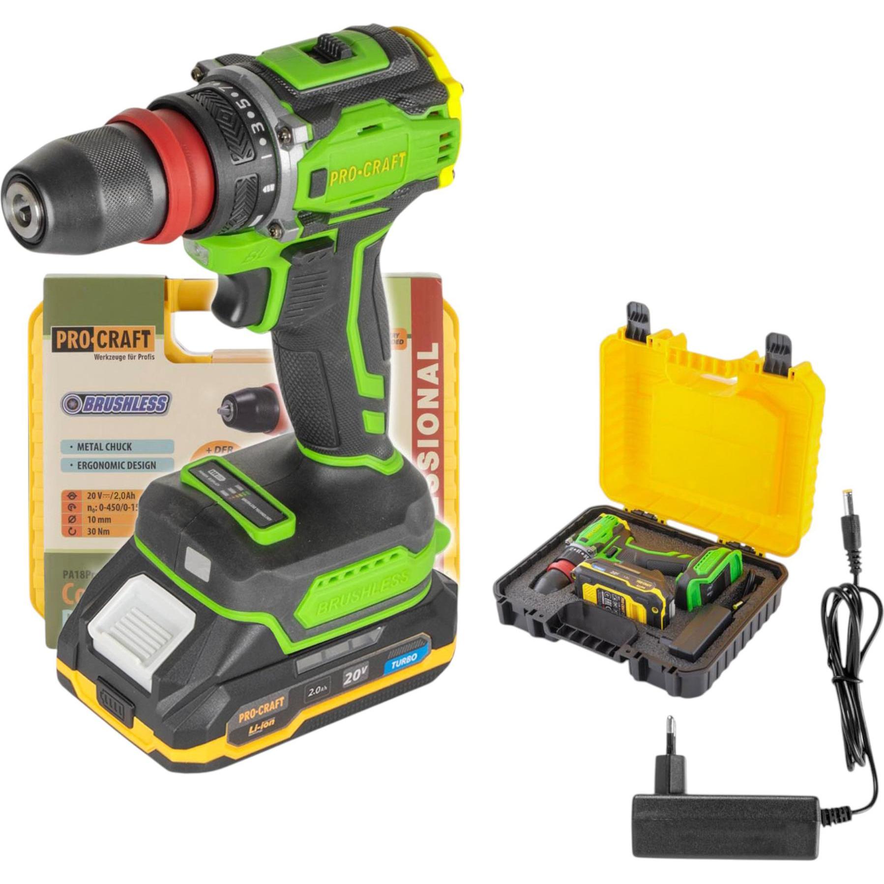 Procraft, Trapano + Avvitatore a batteria, PA18PRO DFR-1B-C Trapano avvitatore a batteria 20 V 30 Nm brushless + 1x batteria ricaricabile 2,0 (Batteria)