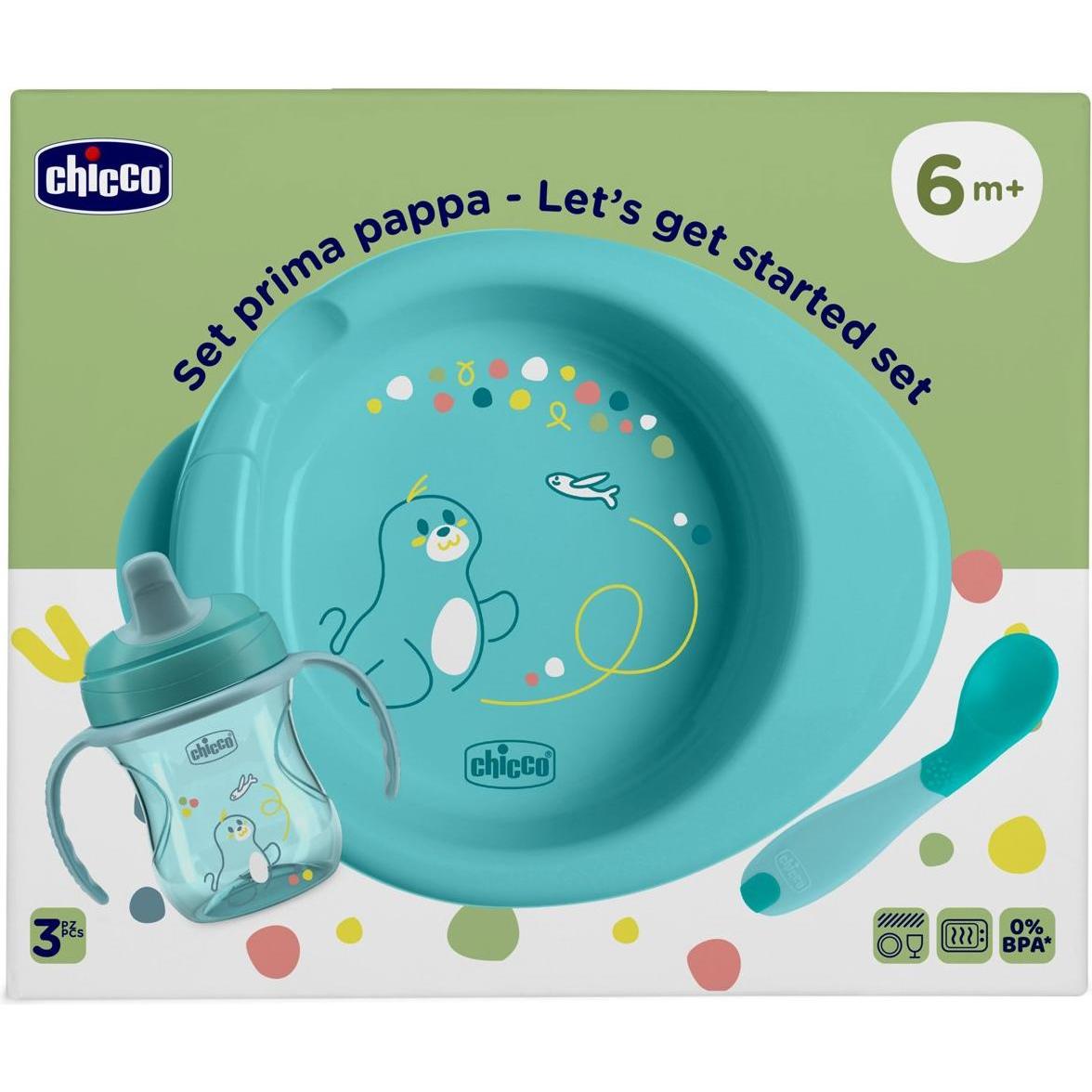 Chicco Blau Kindergeschirr + Kinderbesteck, Mahlzeit Geschenk-Set - Blue - 6M+