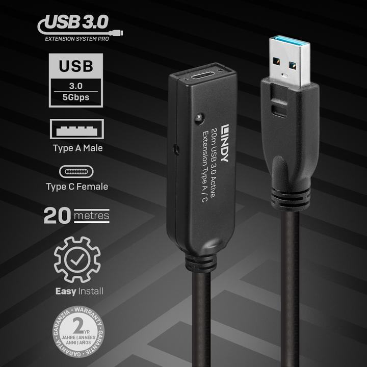 Image du produit Lindy 20m USB 3.0 Active Extension Type A to C (20 m, USB 3.2 Gen 1)