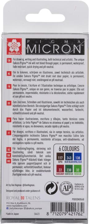 Produktbild Sakura Pigma Micron Set Erdtöne 0,45mm 6Stücks (Blauschwarz, Burgund, Burgunderrot, Frisches Grün, Frischgrün, Jägergrün, Königsblau, Sepia, 6x)