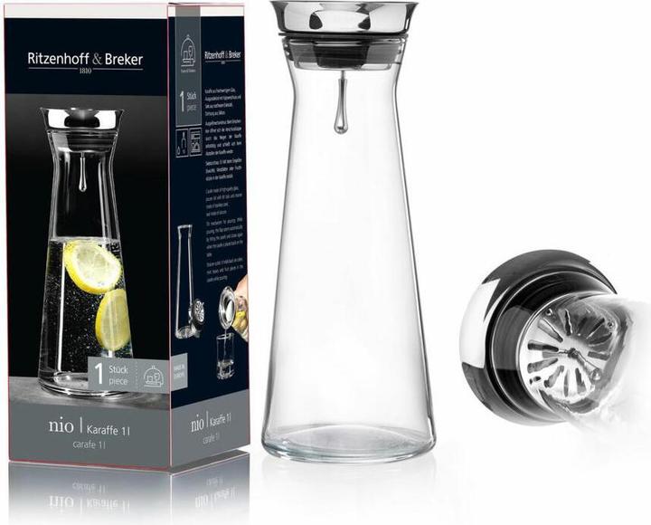 Produktbild Ritzenhoff & Breker Glaskaraffe NIO, 1,0 Liter spülmaschinengeeignet, Edelstahl-Ausgussdeckel (1 l)