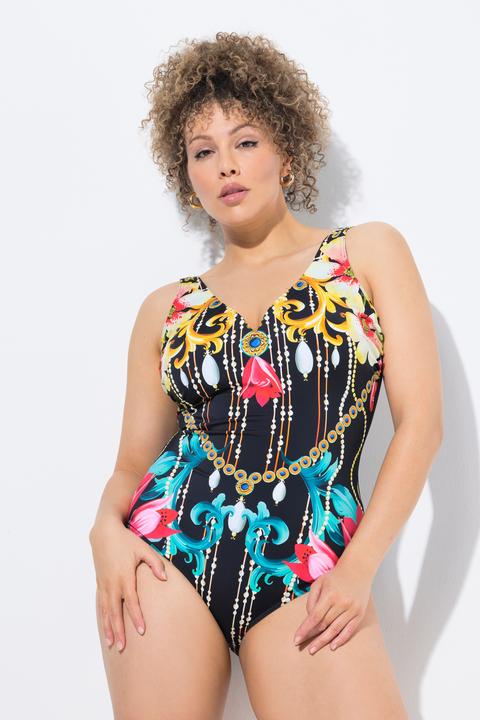 Image du produit Ulla Popken Maillot de bain à bonnets souples, profond décolleté en V, imprimé baroque (44)