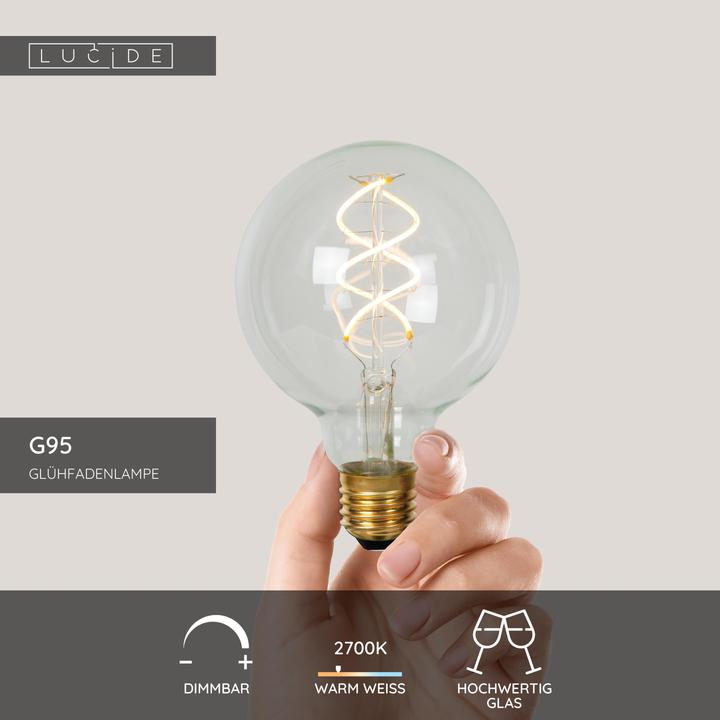 Image du produit Lucide G95 - ampoule à filament - Ø 9,5 cm - dim. LED - E27 - 1x5W 2700K - transparent 49032/05/60 (E27, 4.90 W, 460 lm, 1 x, G)