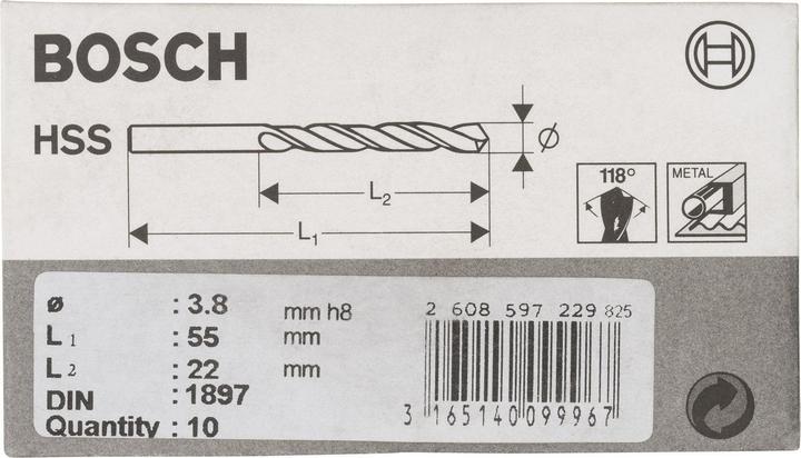 Produktbild Bosch Professional Zubehör Karosseriebohrer HSS-R, DIN 1897, 3,8 x 22 x 55 mm, 10er-Pack (3.8 mm)