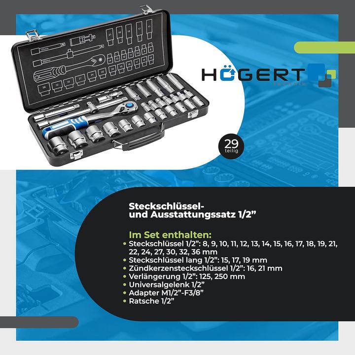 Image du produit Högert Jeu d'outils, 29 pcs. (32 mm, 19 mm, 12 mm, 24 mm, 14 mm, 22 mm, 16 mm, 21 mm, 18 mm, 27 mm, 17 mm, 11 mm, 15 mm, 3/8", 30 mm, 1/2", 13 mm, 36 mm)
