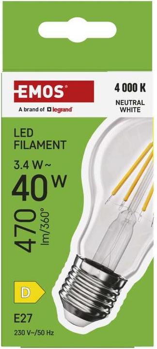 Produktbild Emos LED Lampe Filament A60 / E27 / 3,4 W (40 W) / 470 lm / Neutral Weiss (E27, 3.40 W, 470 lm, 1 x, D)