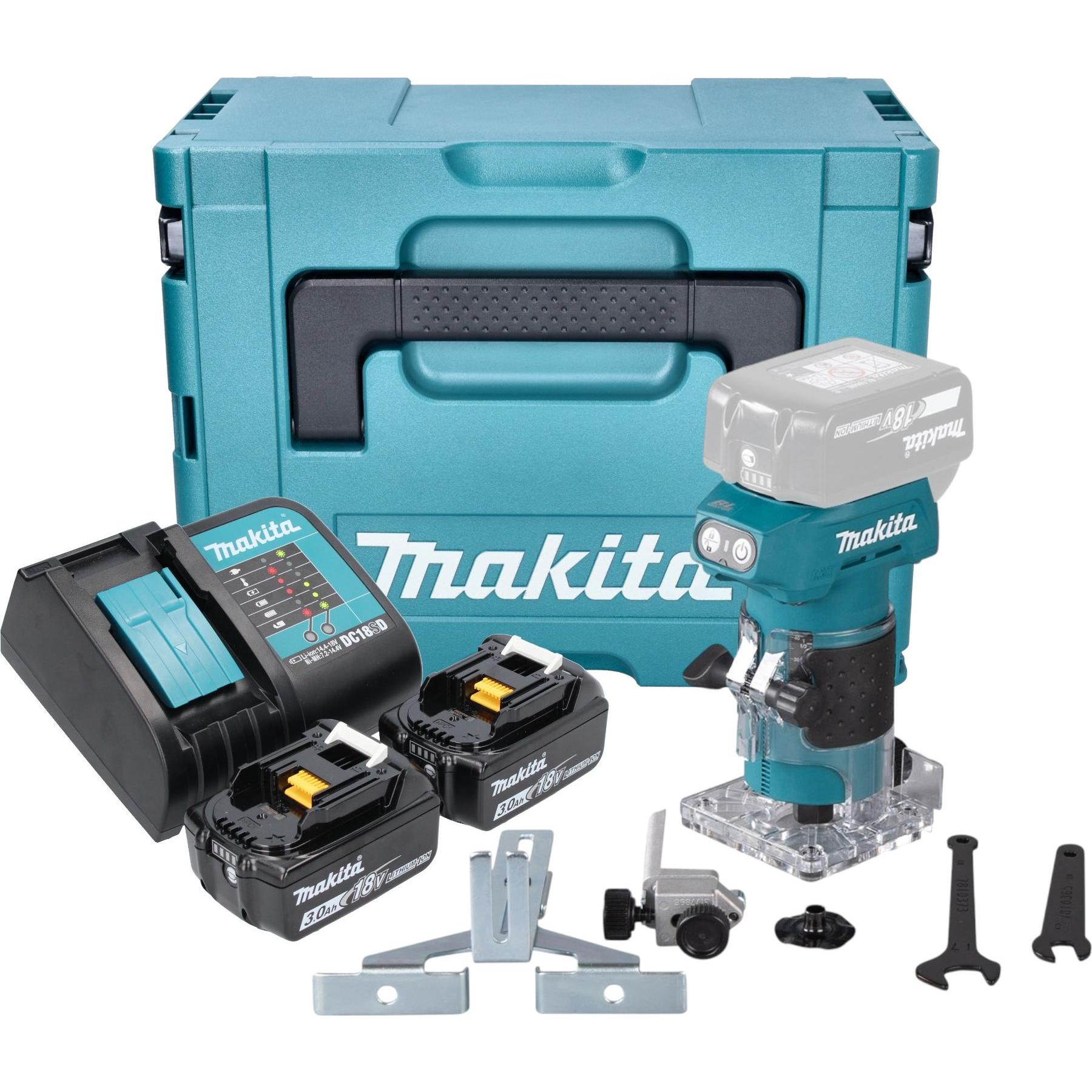 Makita, Fräse, DRT 52 SFJ Akku Kantenfräse 18 V 6 mm Brushless + 2x Akku 3,0 Ah + Ladegerät + Makpac