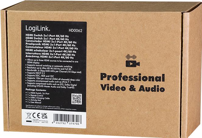 Actual product image LogiLink HDMI-Switch, 3x1-Port, 4K/60 Hz, HDCP, HDR, CEC, RC