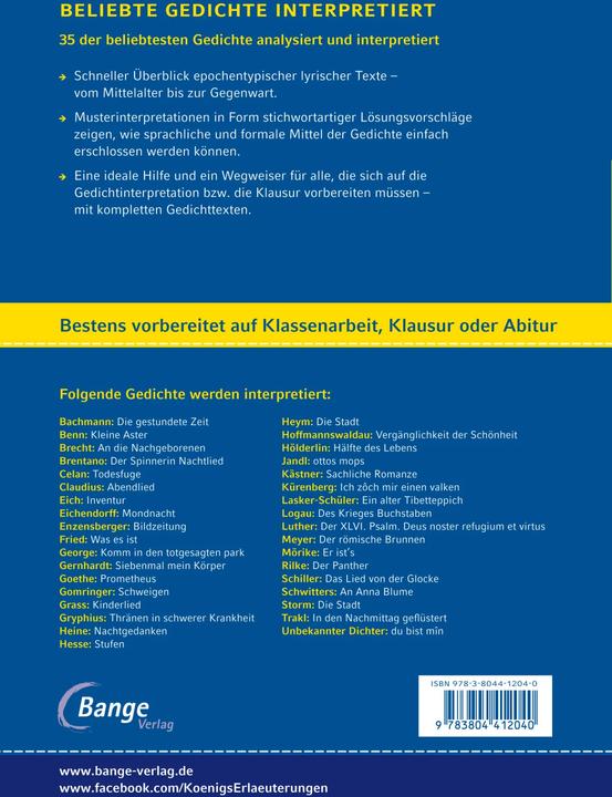 Produktbild Beliebte Gedichte interpretiert 9.-12./13. SJ. G8/G9 (Deutsch, Thomas Möbius, 2014)