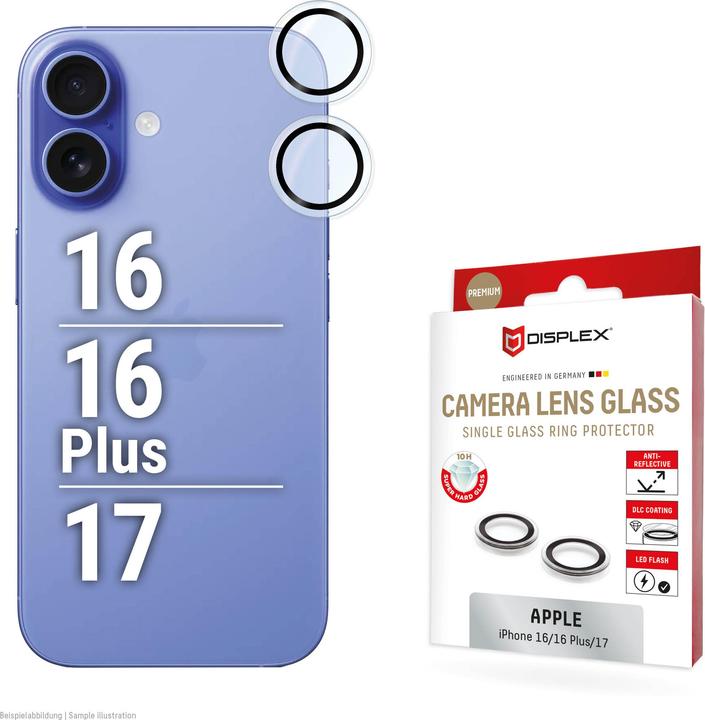 Produktbild Displex Premium Camera Lens Glass, Kamera Schutzglas, Einzelringe (1 Stück, Apple iPhone 16 Plus, Apple iPhone 17, Apple iPhone 16)