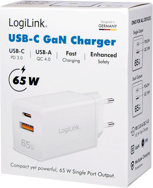 Produktbild LogiLink Dual-USB Steckdosenadapter, 65 W, GaN, 1x USB-C (PD), 1x USB-A (QC), Weiss (65 W, 2 Ports)