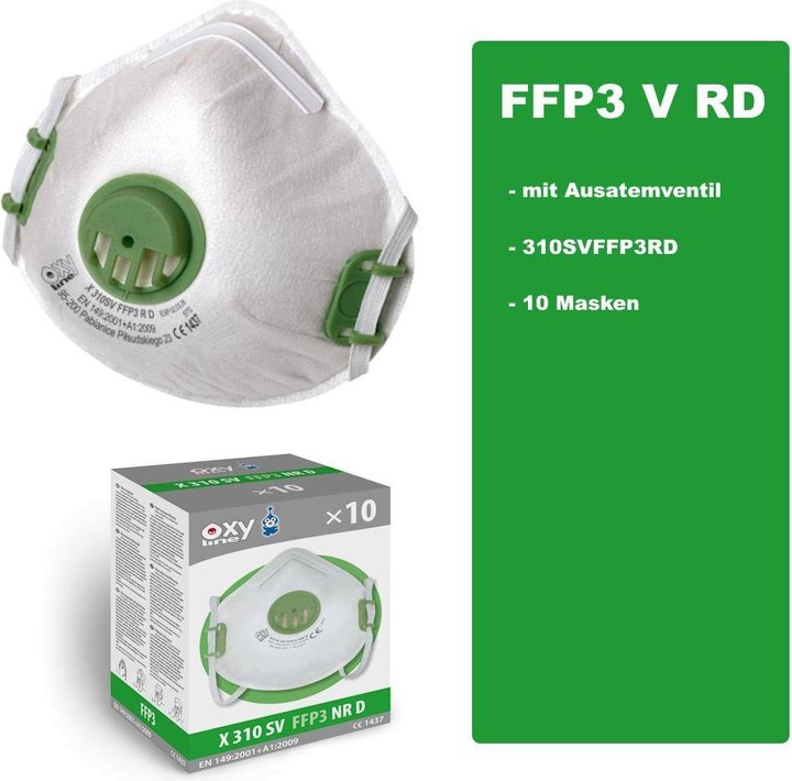 Produktbild Oxyline 10 Atemschutzmasken FFP3 X310 SV R D mit Ausatemventil (FFP3 R D, 10 x)