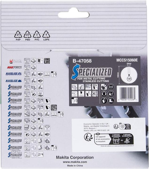 Actual product image Makita Circular saw blade for Inox Ø 150x20 x 60 teeth