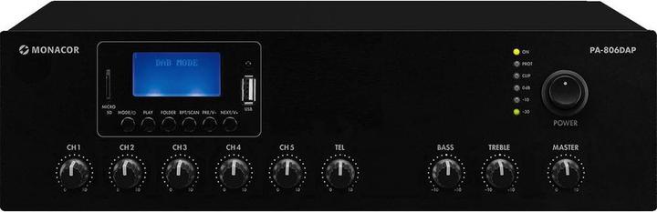 Produktbild Monacor ELA-Mono-Class-D-Mischverstärker 60 W, MP3, USB/SD, FM, DAB+, BT (Röhren-Endstufe)