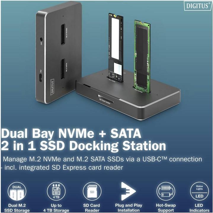 Produktbild Digitus M.2 NVMe + M.2 SATA SSD Docking Station mit SD-Express Kartenleser, USB-C™