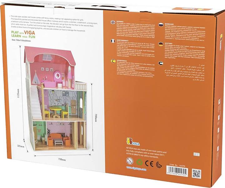 Actual product image Viga Toys Didelis medinis 3-jų aukštų lėlių namas su baldais Viga