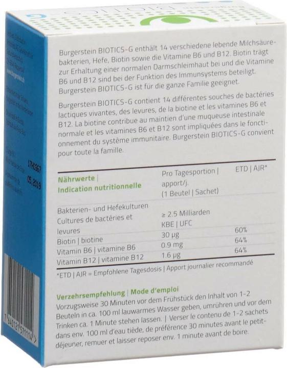 Nutritional values and ingredients Burgerstein Biotics G (7 Piece, Powder, 40 g)