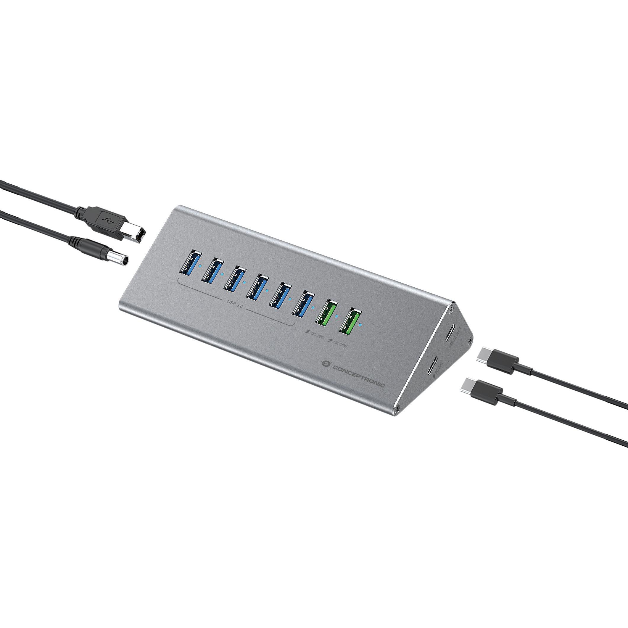 Conceptronic Dock USB-C->1xUSB-C,6xUSB-A,100WPD o.N.0.37m (USB-C, 10 Ports), Dockingstation + USB Hub, Grau